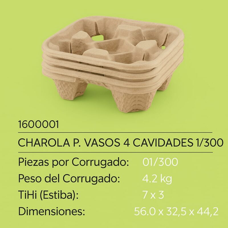 CHAROLA PORTAVASO CARTON DE 4 CAVIDADES (300 PZA) - Imagen 2