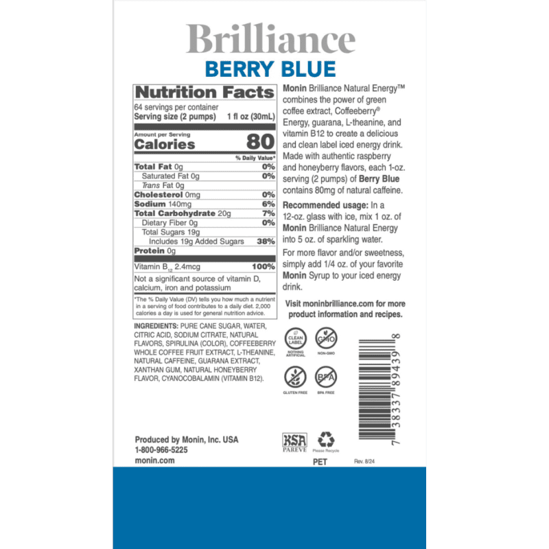 Sirope Brilliance Moras Azules (Berry Blue Natural Energy) 1.89 Lto MONIN - Imagen 3