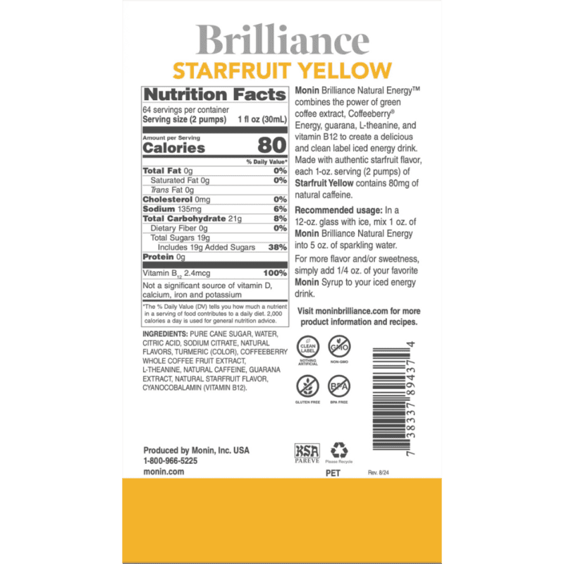 Sirope Brilliance Starfruit Amarillo (Starfruit Yellow Natural Energy) 1.89 Lto MONIN - Imagen 3
