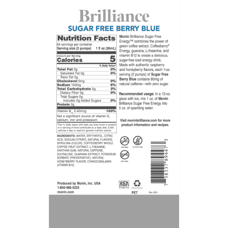Sirope Brilliance sin Azucar Moras Azules (Sugar Free Berry Blue Natural Energy) 1.89 Lto MONIN - Imagen 3