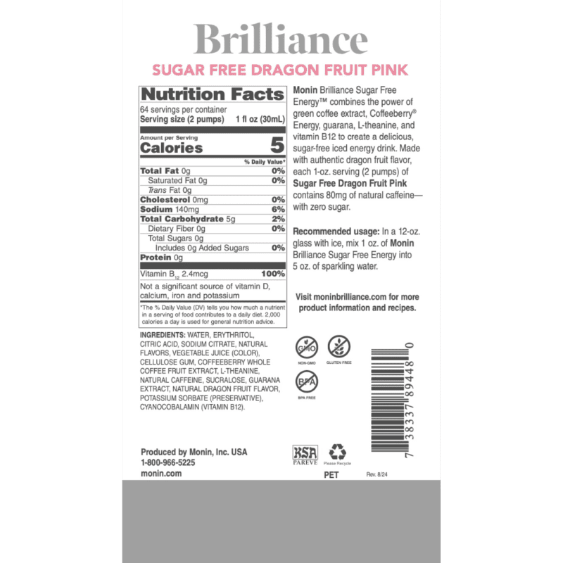 Sirope Brilliance sin Azucar Pitaya Rosa (Sugar Free Dragon Fruit Pink Natural Energy) 1.89 Lto MONIN - Imagen 3