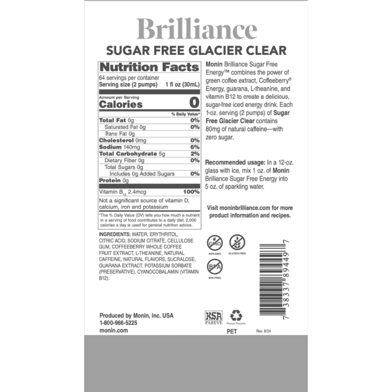Sirope Brilliance sin Azucar Glaciar Crystal (Sugar Free Glacier Clear Natural Energy) 1.89 Lto MONIN - Imagen 3
