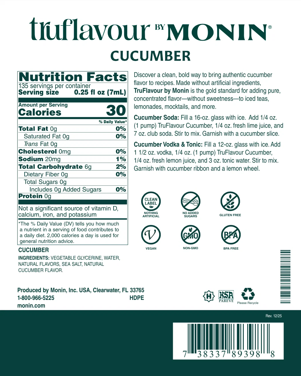 Concentrado TruFlavor Pepino (Cucumber) 1 LTO. MONIN - Imagen 3